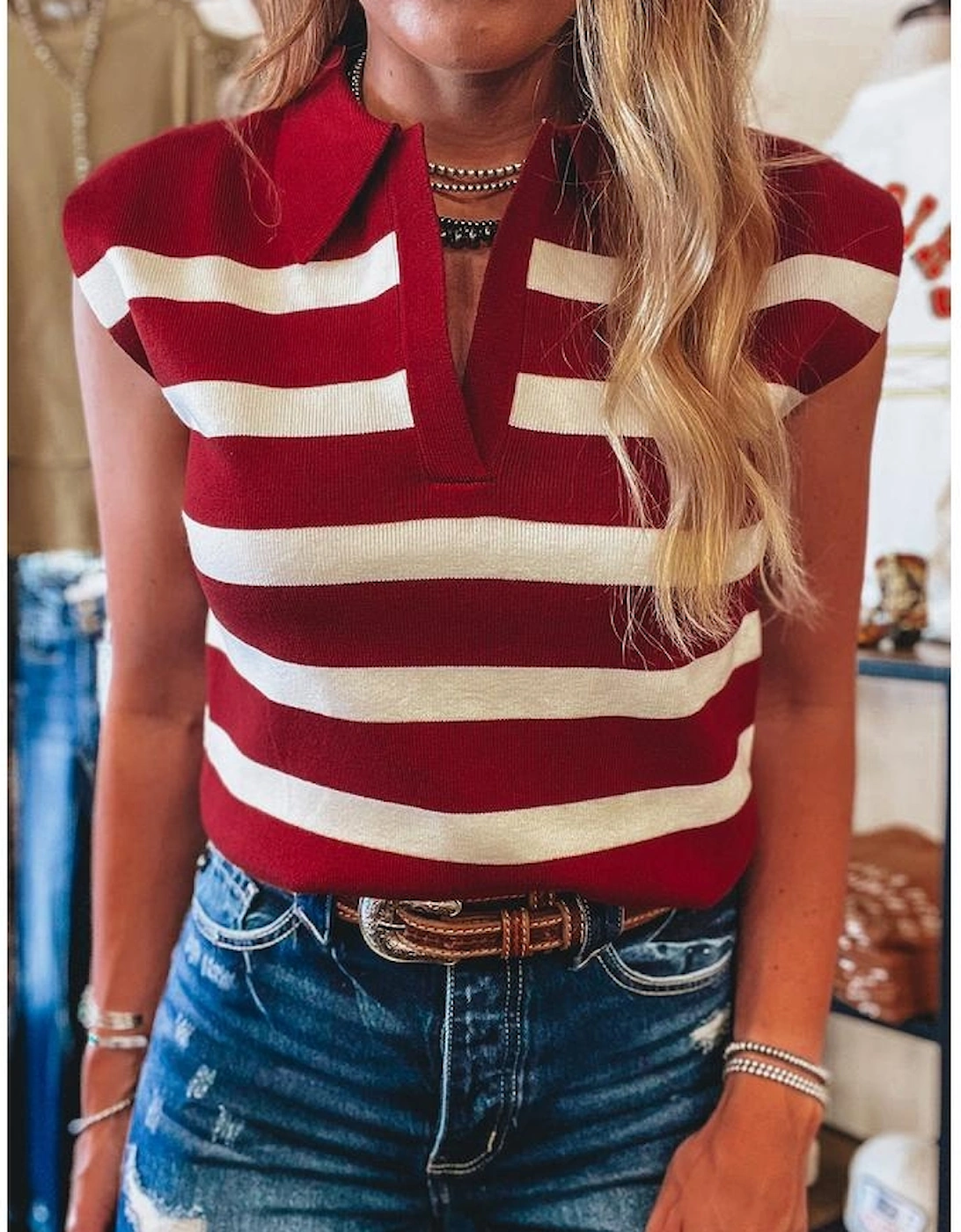 Red Stripe Collared Split Neck Sweater Vest
