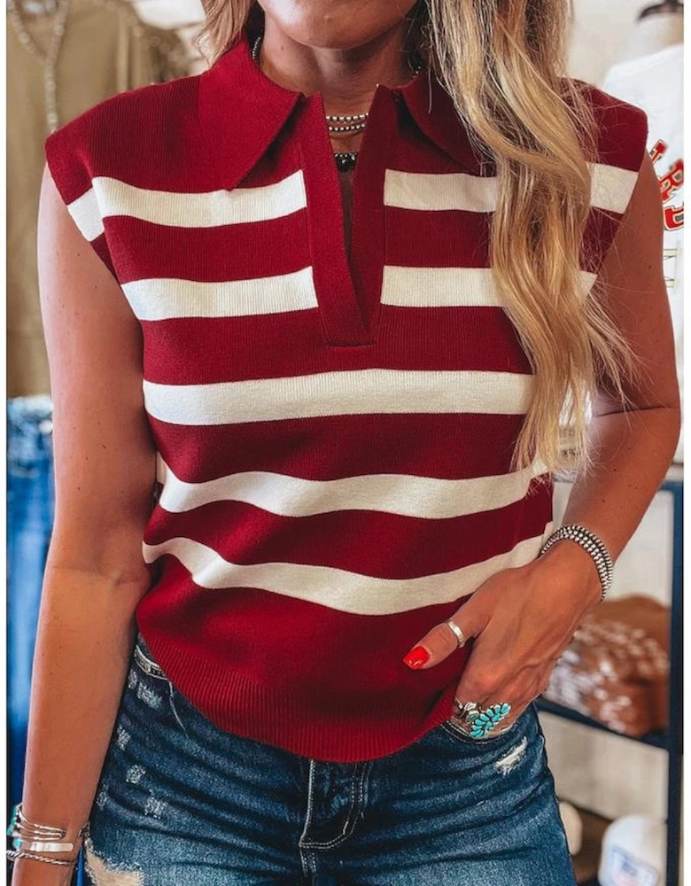 Red Stripe Collared Split Neck Sweater Vest