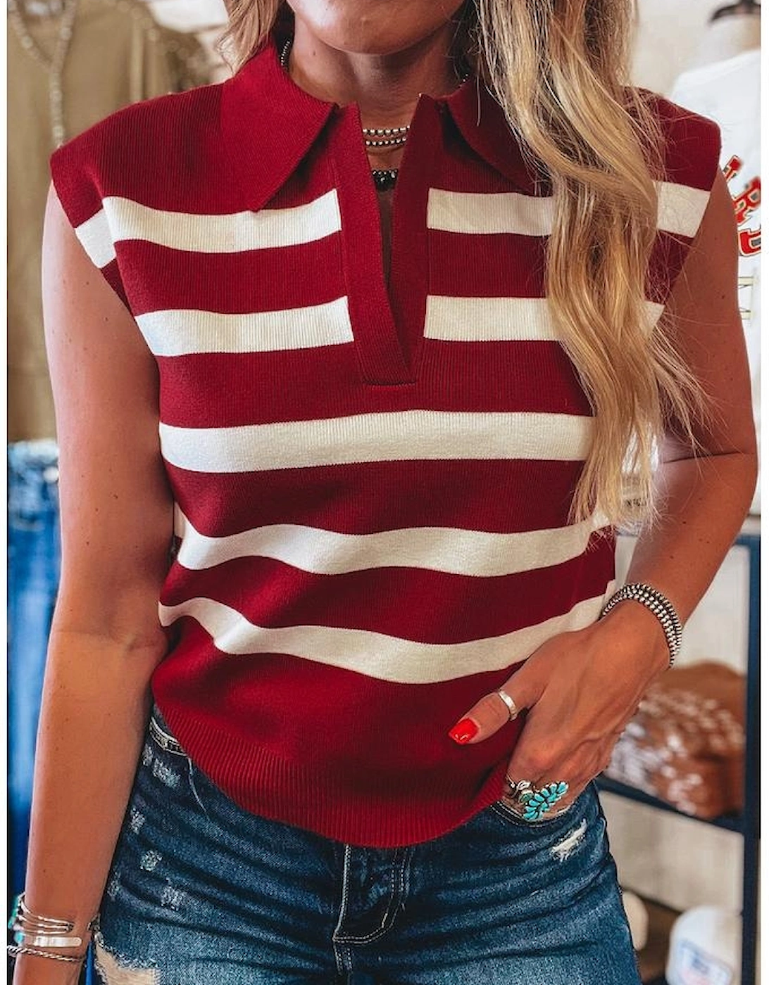 Red Stripe Collared Split Neck Sweater Vest