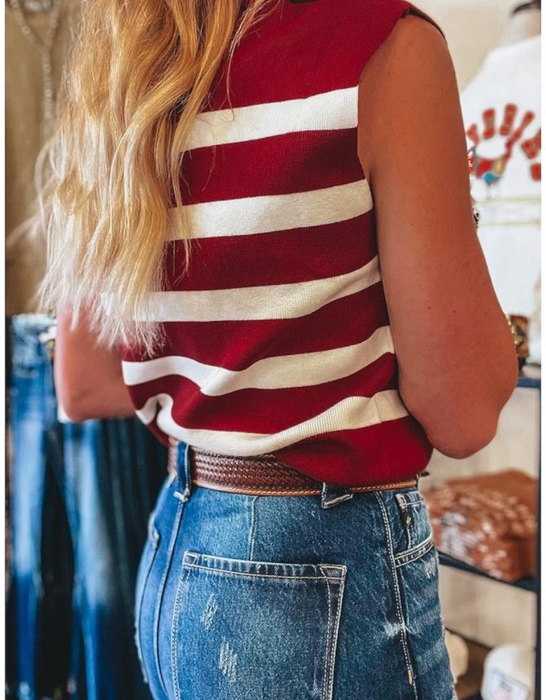 Red Stripe Collared Split Neck Sweater Vest