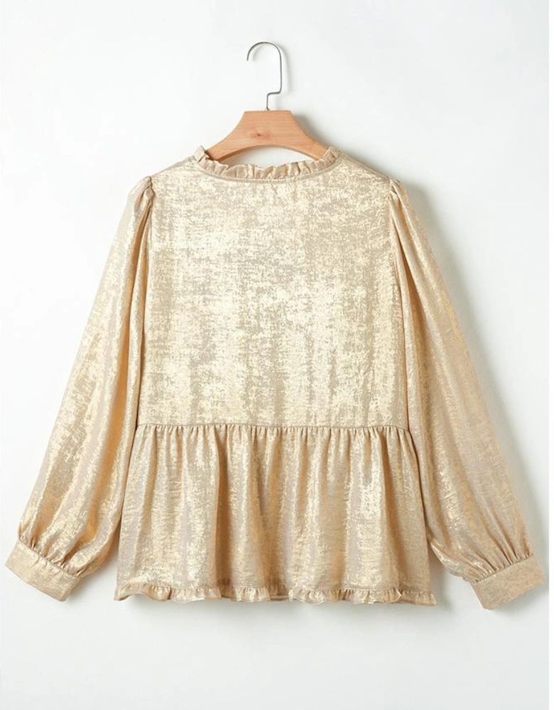 Gold Metallic Frilled V Neck Puff Sleeve Babydoll Blouse