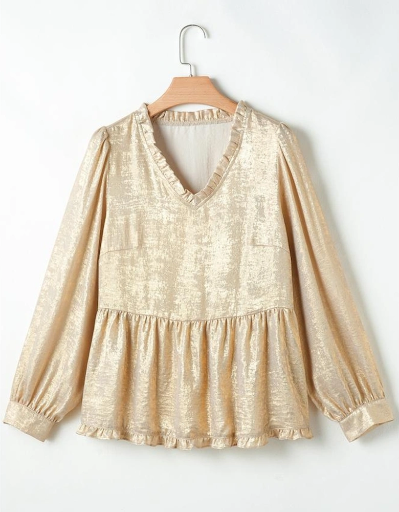 Gold Metallic Frilled V Neck Puff Sleeve Babydoll Blouse