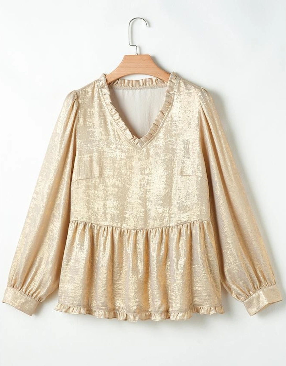 Gold Metallic Frilled V Neck Puff Sleeve Babydoll Blouse