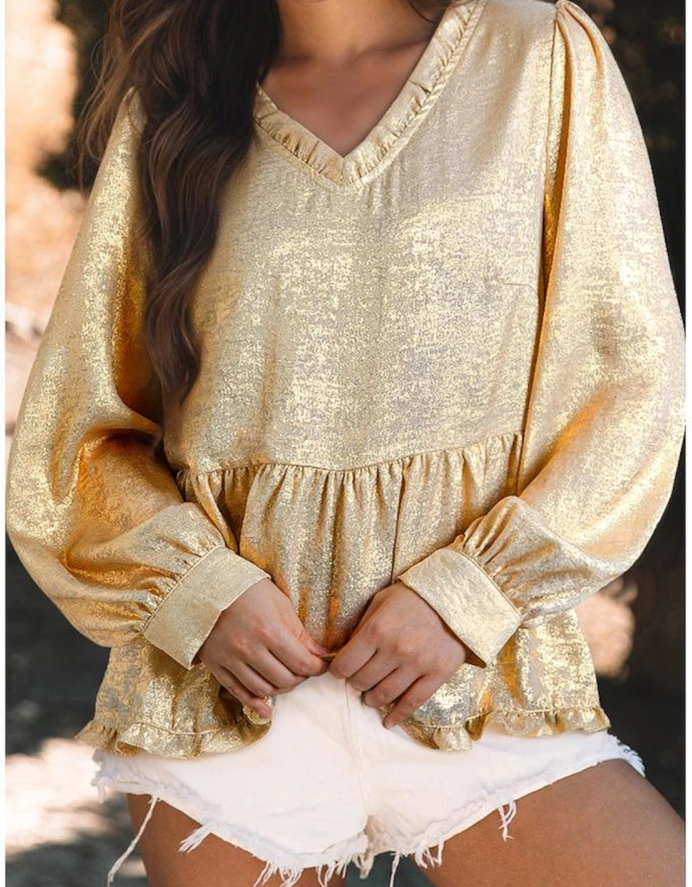 Gold Metallic Frilled V Neck Puff Sleeve Babydoll Blouse