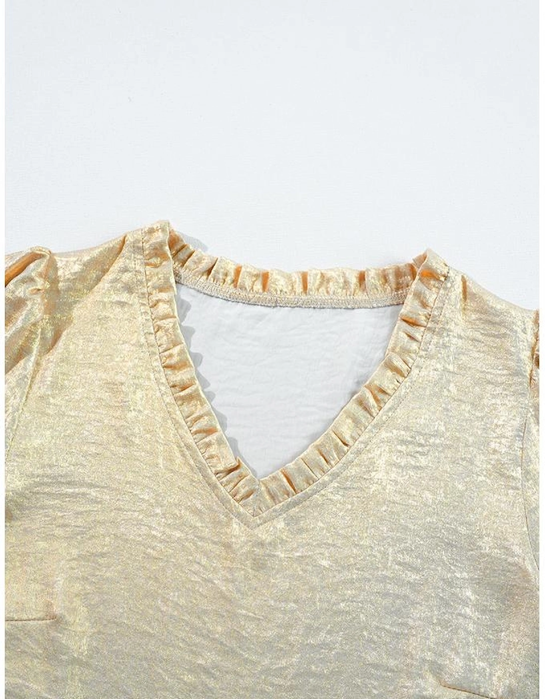 Gold Metallic Frilled V Neck Puff Sleeve Babydoll Blouse
