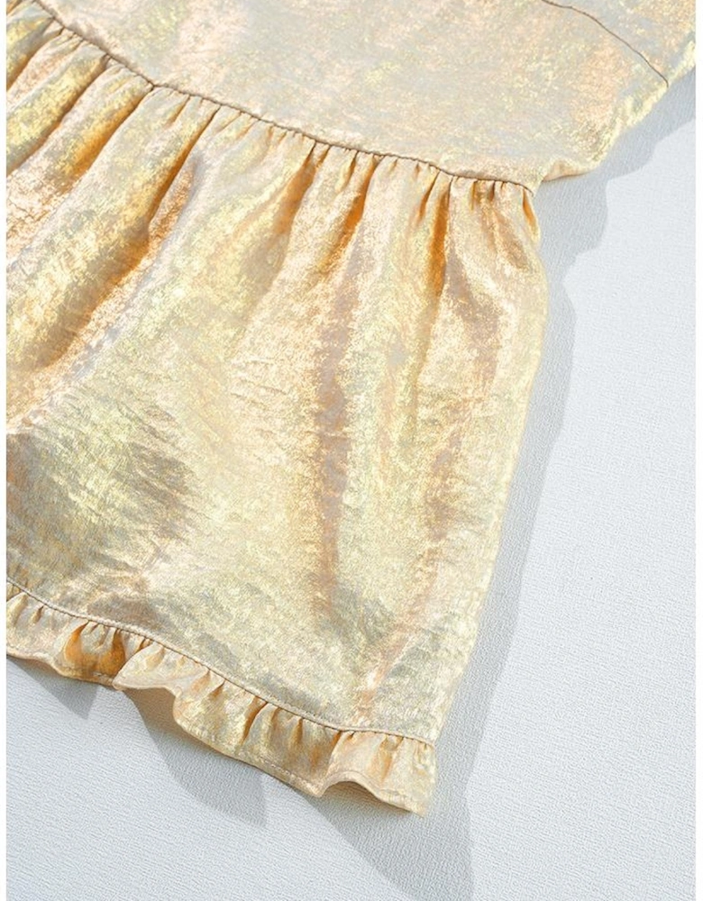 Gold Metallic Frilled V Neck Puff Sleeve Babydoll Blouse