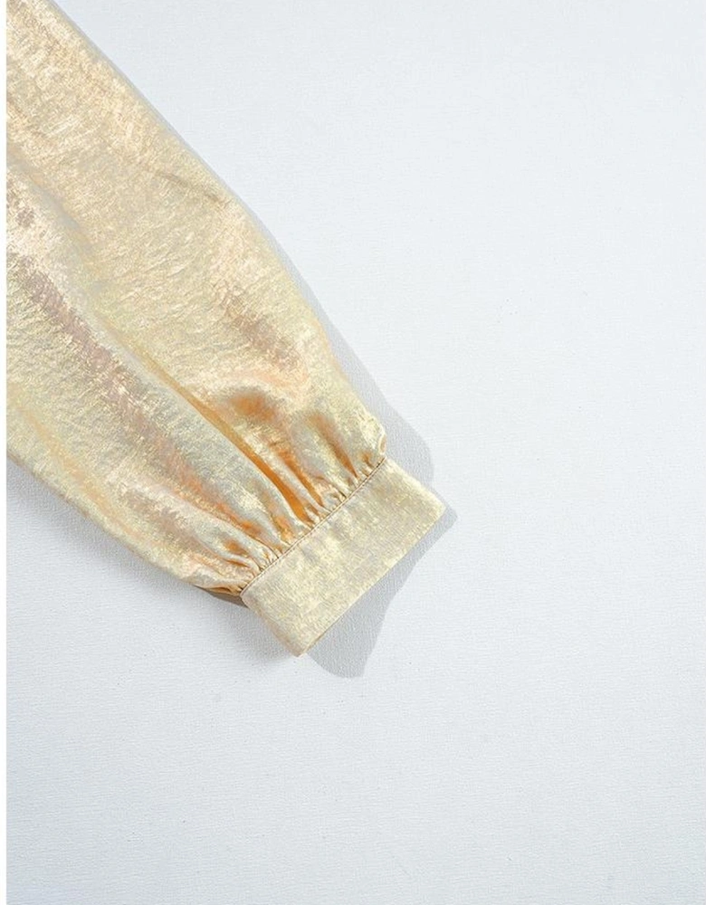 Gold Metallic Frilled V Neck Puff Sleeve Babydoll Blouse