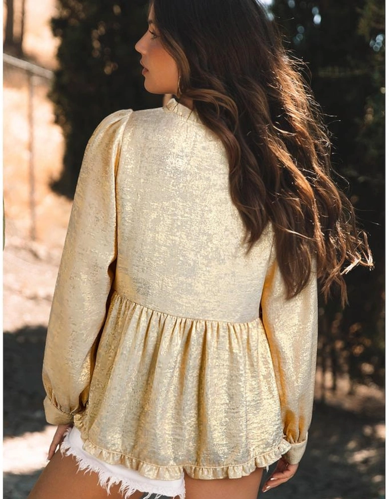 Gold Metallic Frilled V Neck Puff Sleeve Babydoll Blouse