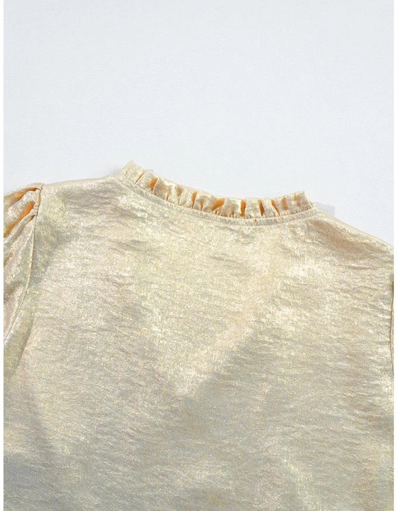 Gold Metallic Frilled V Neck Puff Sleeve Babydoll Blouse
