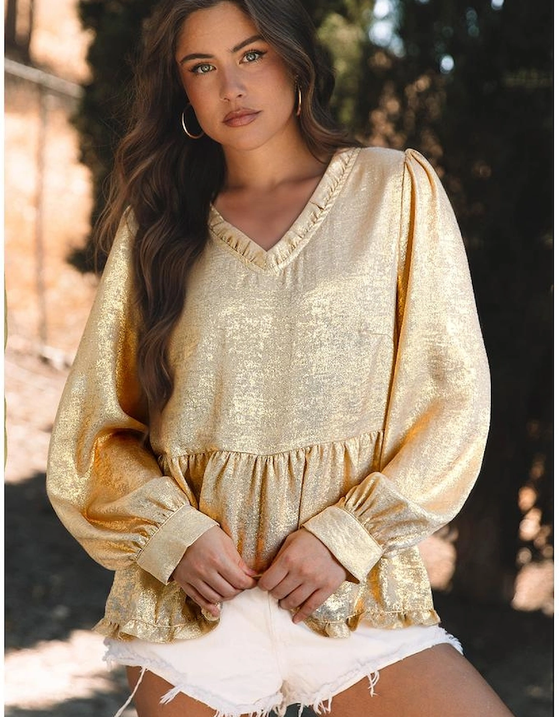 Gold Metallic Frilled V Neck Puff Sleeve Babydoll Blouse