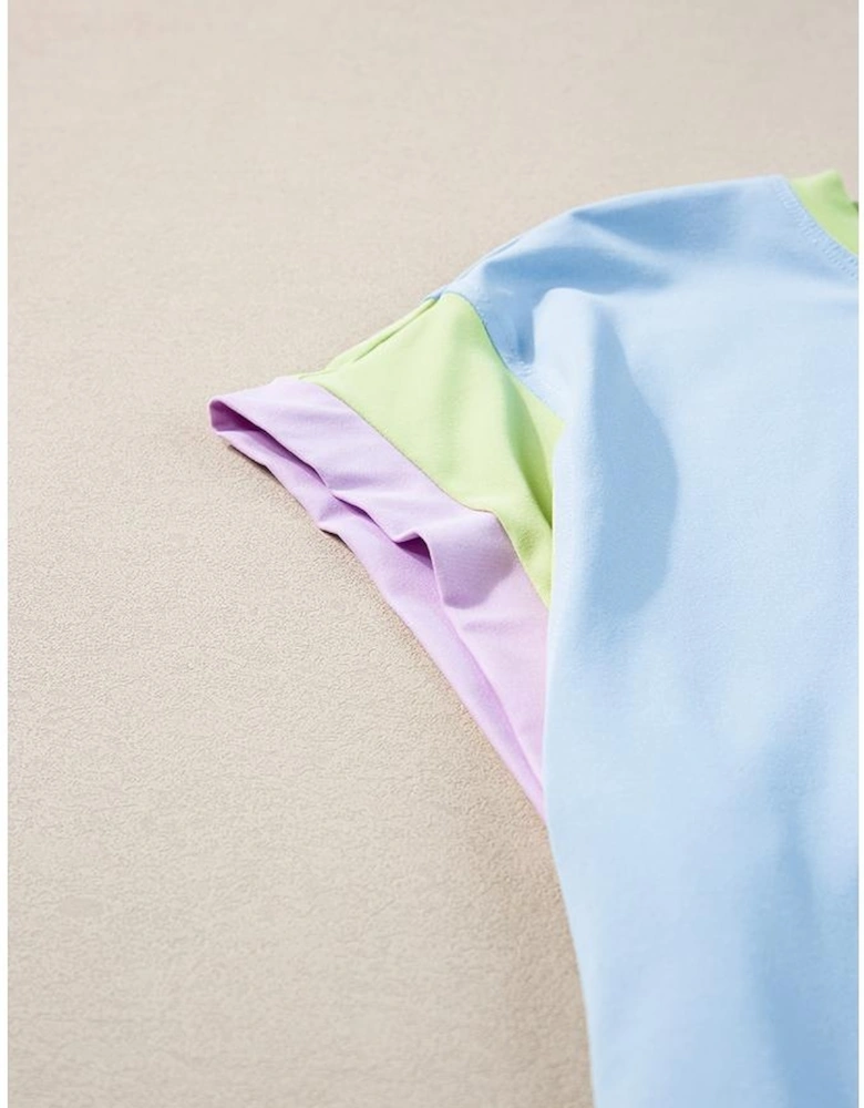 Blue Contrast Trim Cap Sleeve Tee Shorts Set