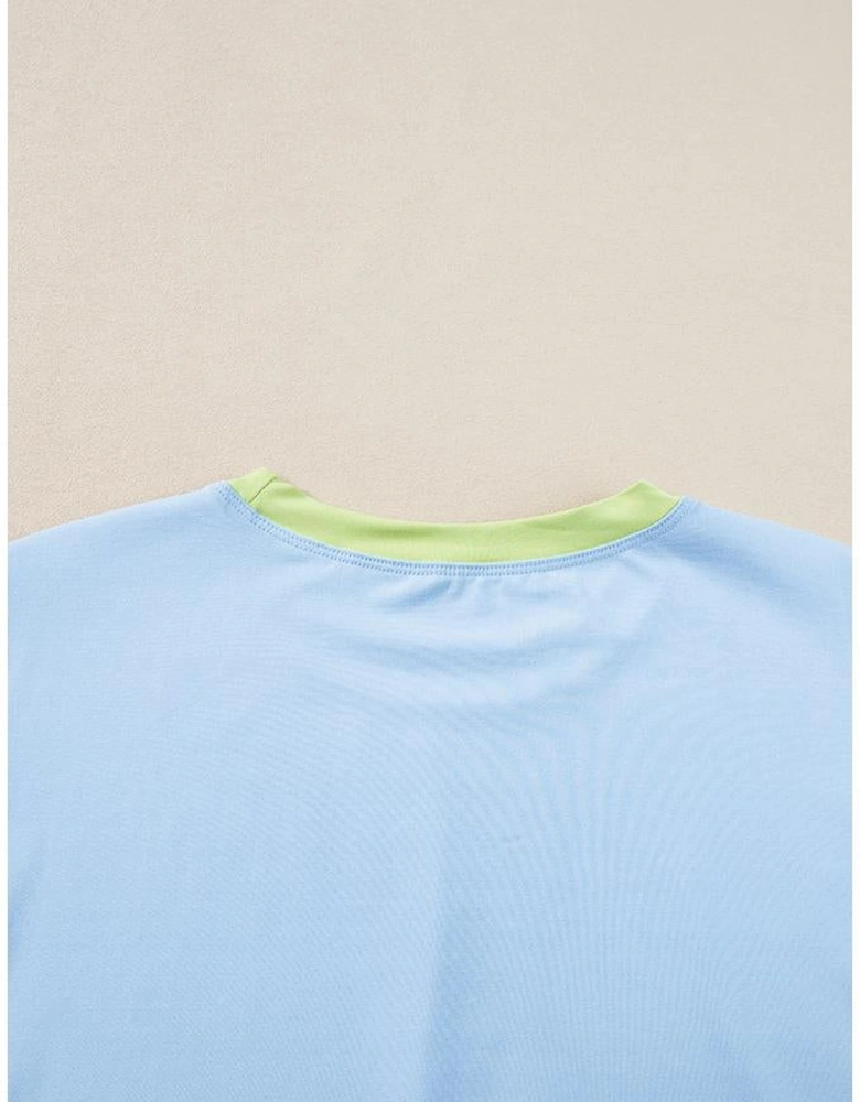 Blue Contrast Trim Cap Sleeve Tee Shorts Set