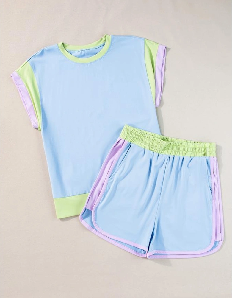 Blue Contrast Trim Cap Sleeve Tee Shorts Set