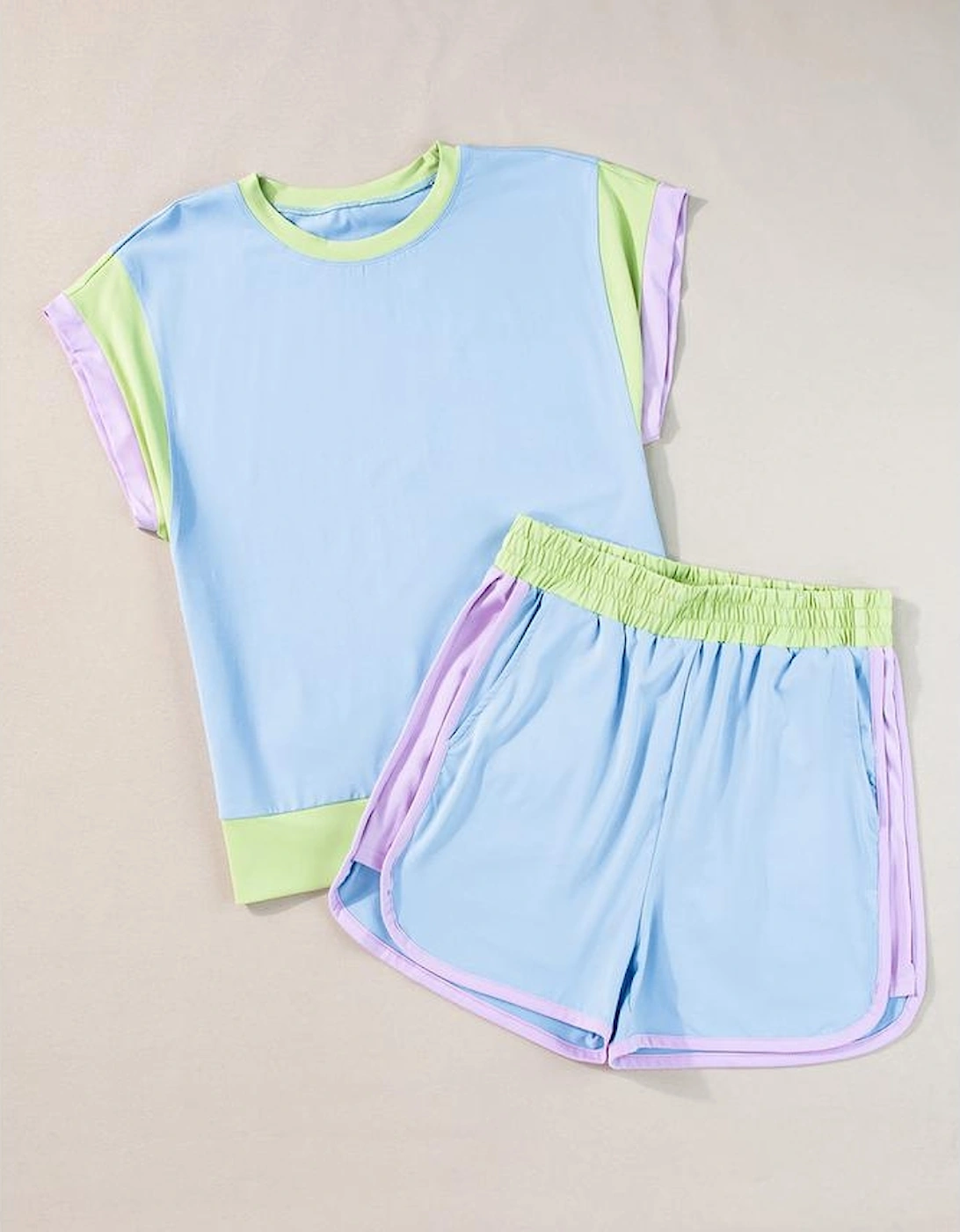 Blue Contrast Trim Cap Sleeve Tee Shorts Set