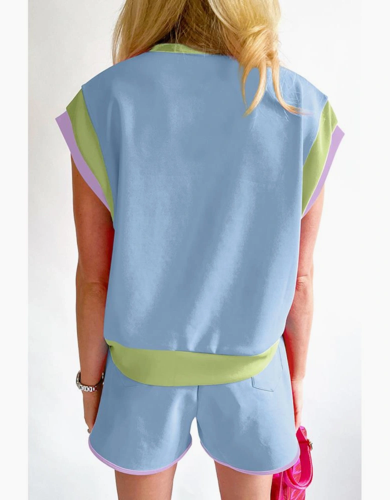 Blue Contrast Trim Cap Sleeve Tee Shorts Set