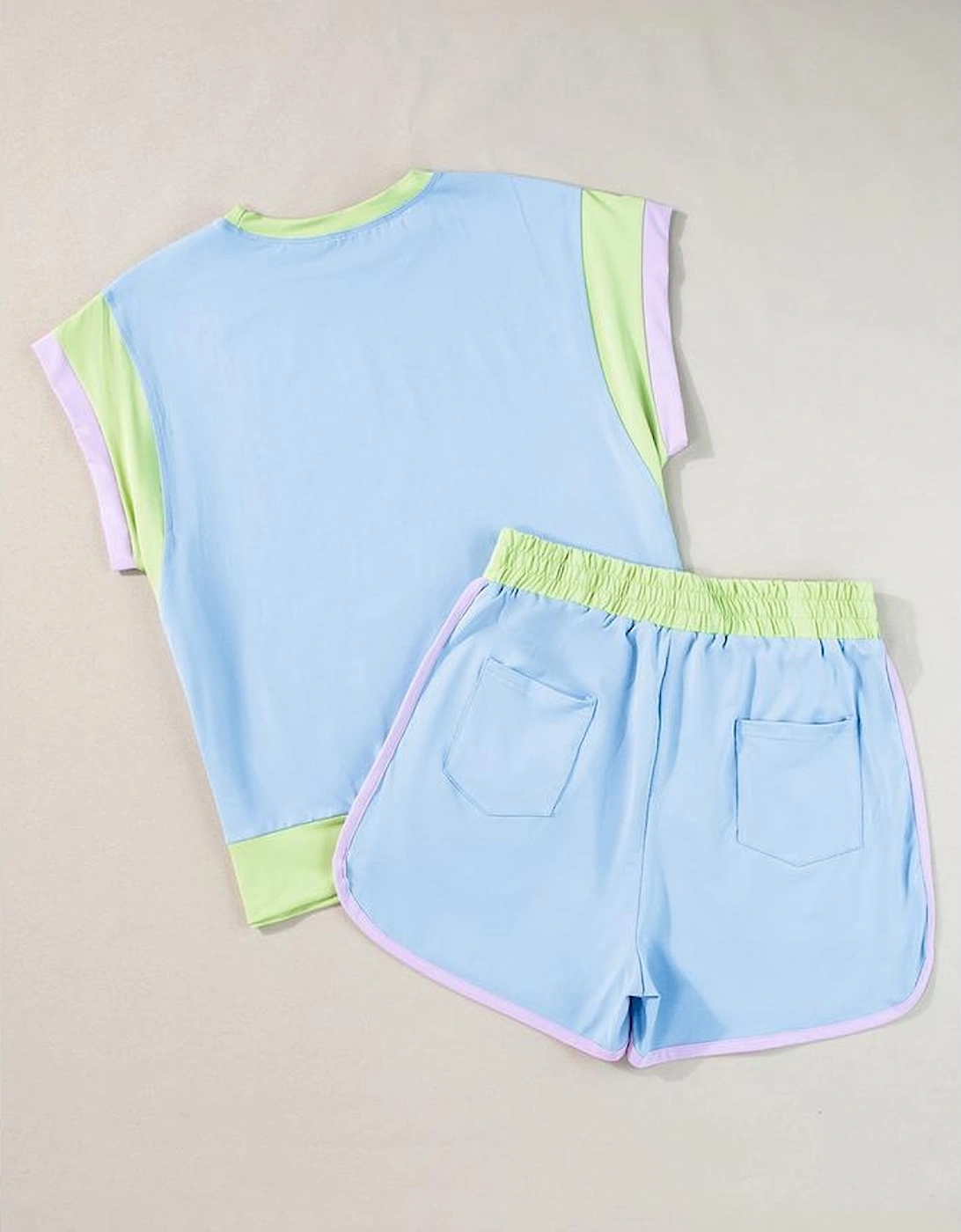 Blue Contrast Trim Cap Sleeve Tee Shorts Set