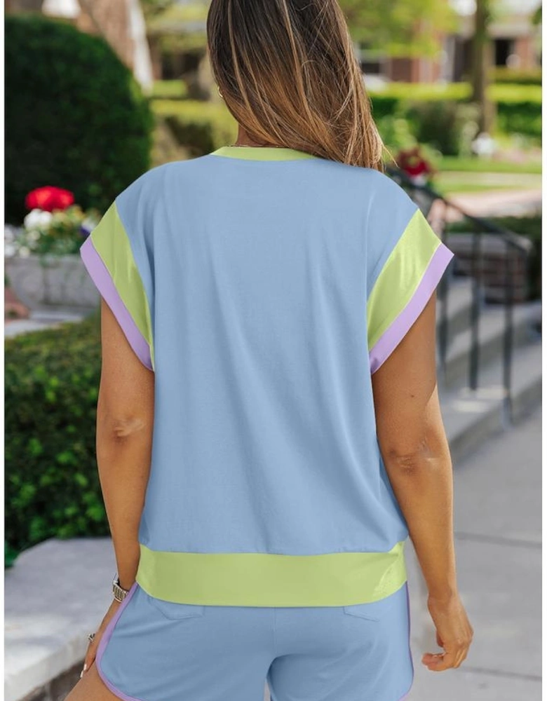 Blue Contrast Trim Cap Sleeve Tee Shorts Set
