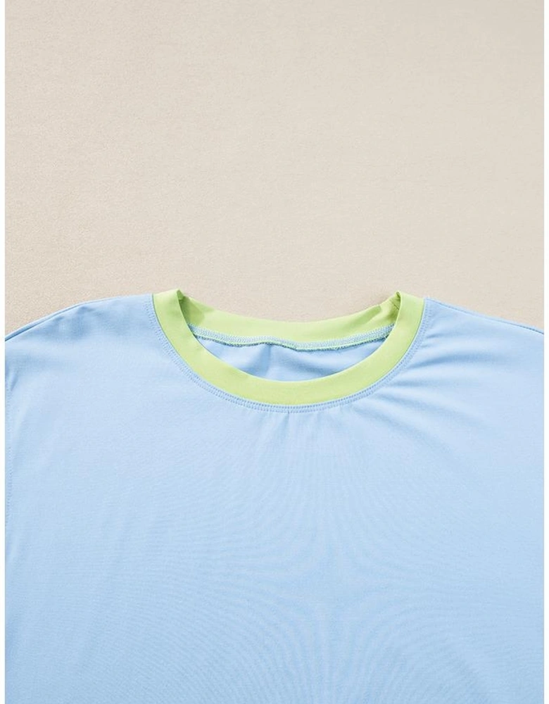 Blue Contrast Trim Cap Sleeve Tee Shorts Set