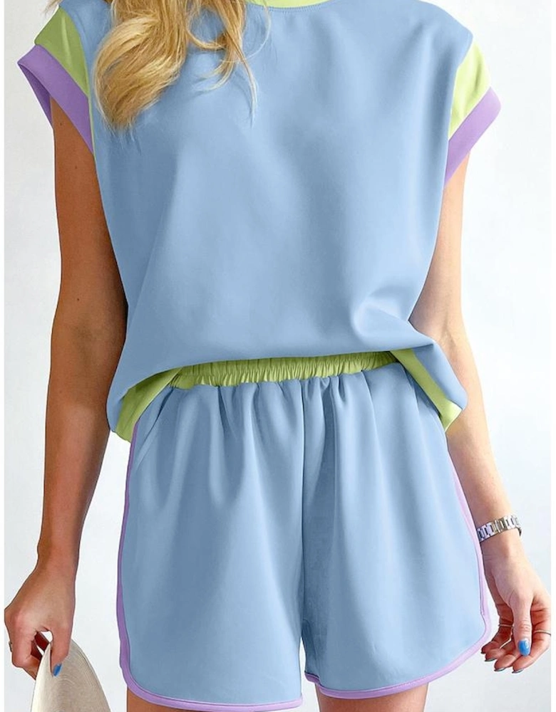 Blue Contrast Trim Cap Sleeve Tee Shorts Set