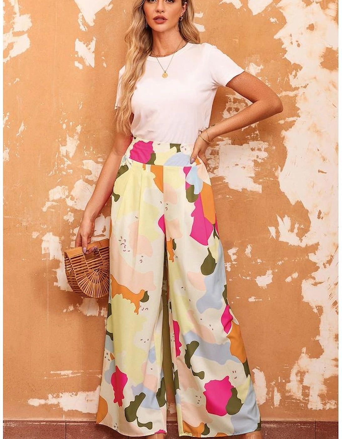 Azura Exchange Multicolor Color Palette Print Flowy Wide Leg Pants