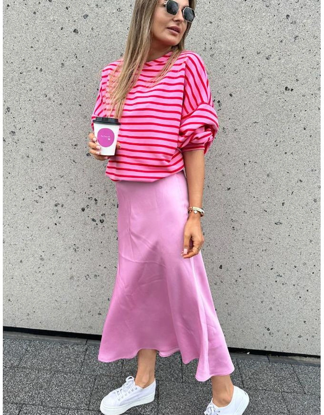 Sachet Pink Striped Print Crew Neck Drop Shoulder Sweatshirt