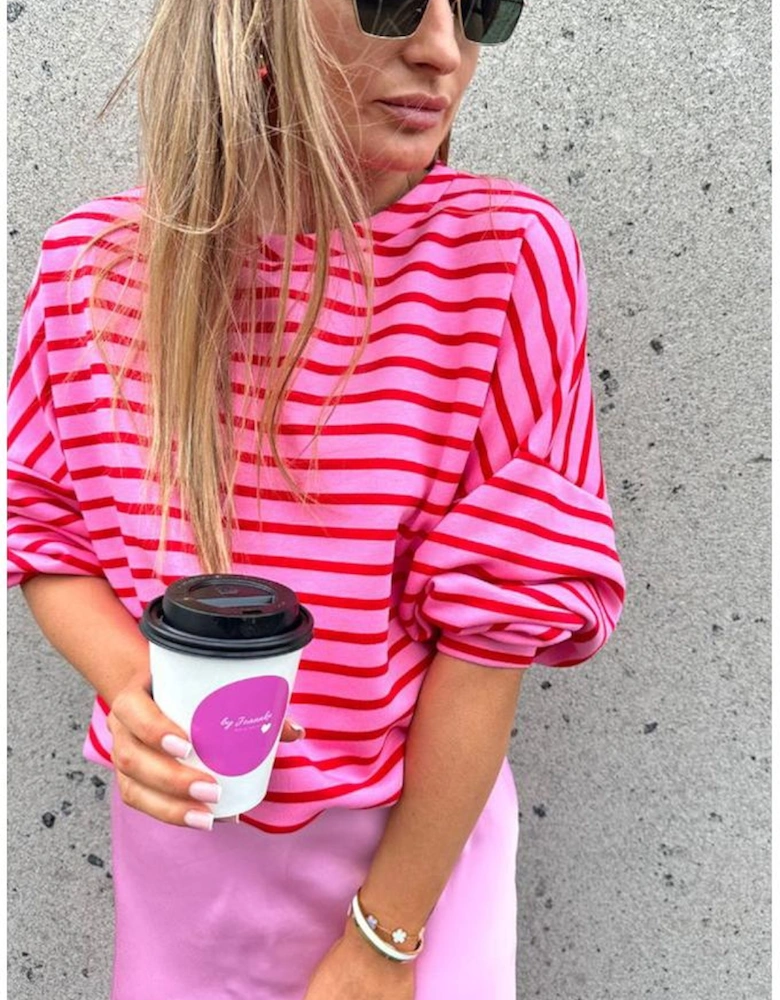 Sachet Pink Striped Print Crew Neck Drop Shoulder Sweatshirt