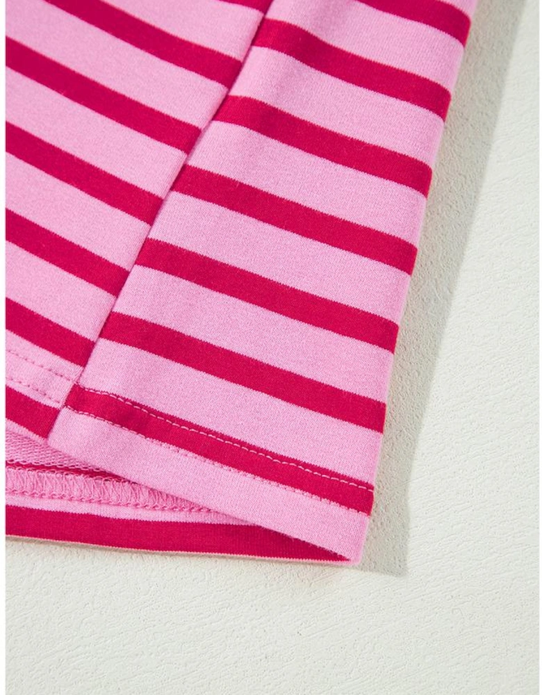 Sachet Pink Striped Print Crew Neck Drop Shoulder Sweatshirt