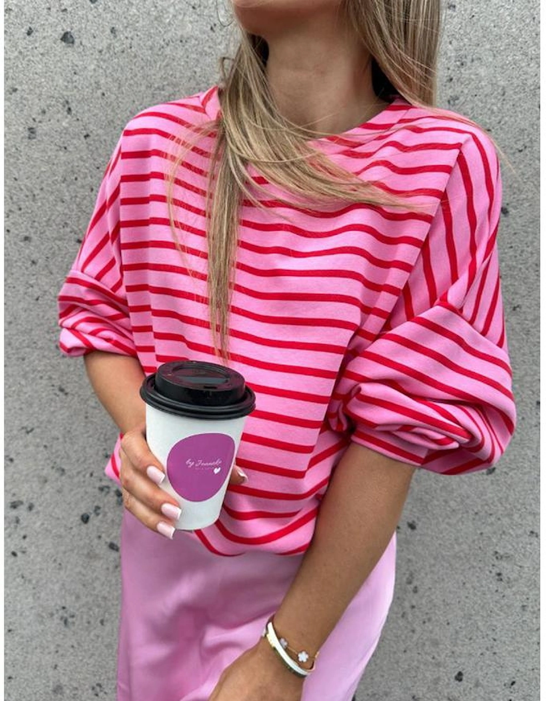 Sachet Pink Striped Print Crew Neck Drop Shoulder Sweatshirt