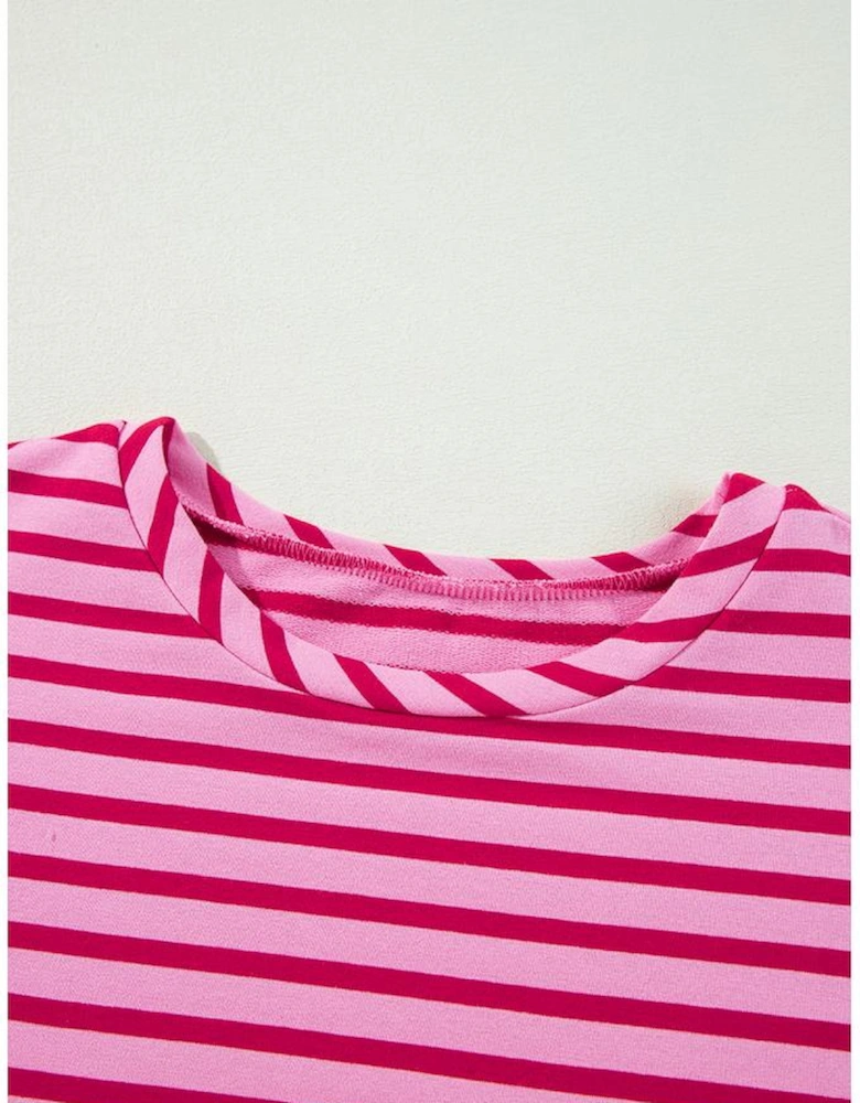 Sachet Pink Striped Print Crew Neck Drop Shoulder Sweatshirt