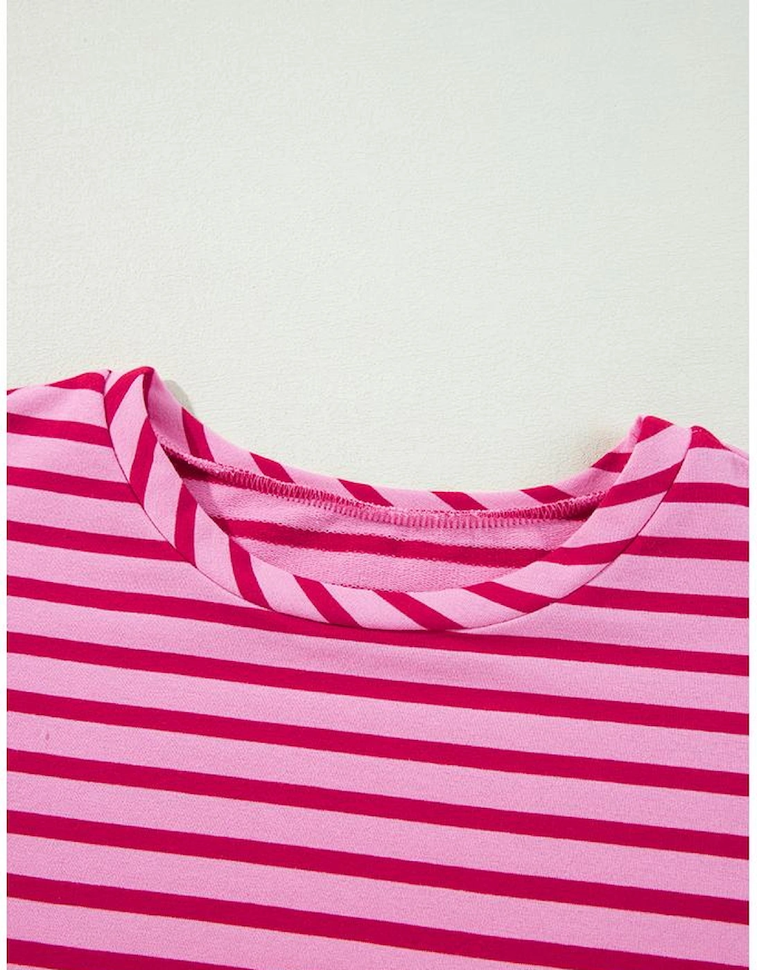 Sachet Pink Striped Print Crew Neck Drop Shoulder Sweatshirt