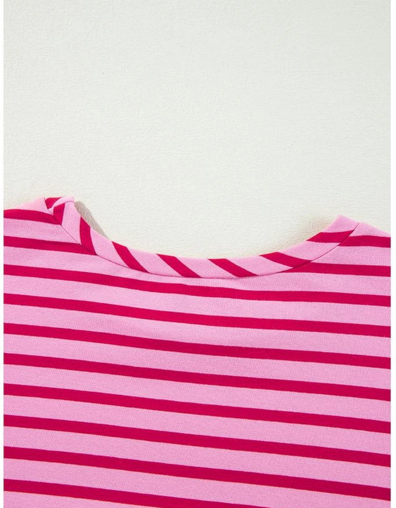 Sachet Pink Striped Print Crew Neck Drop Shoulder Sweatshirt