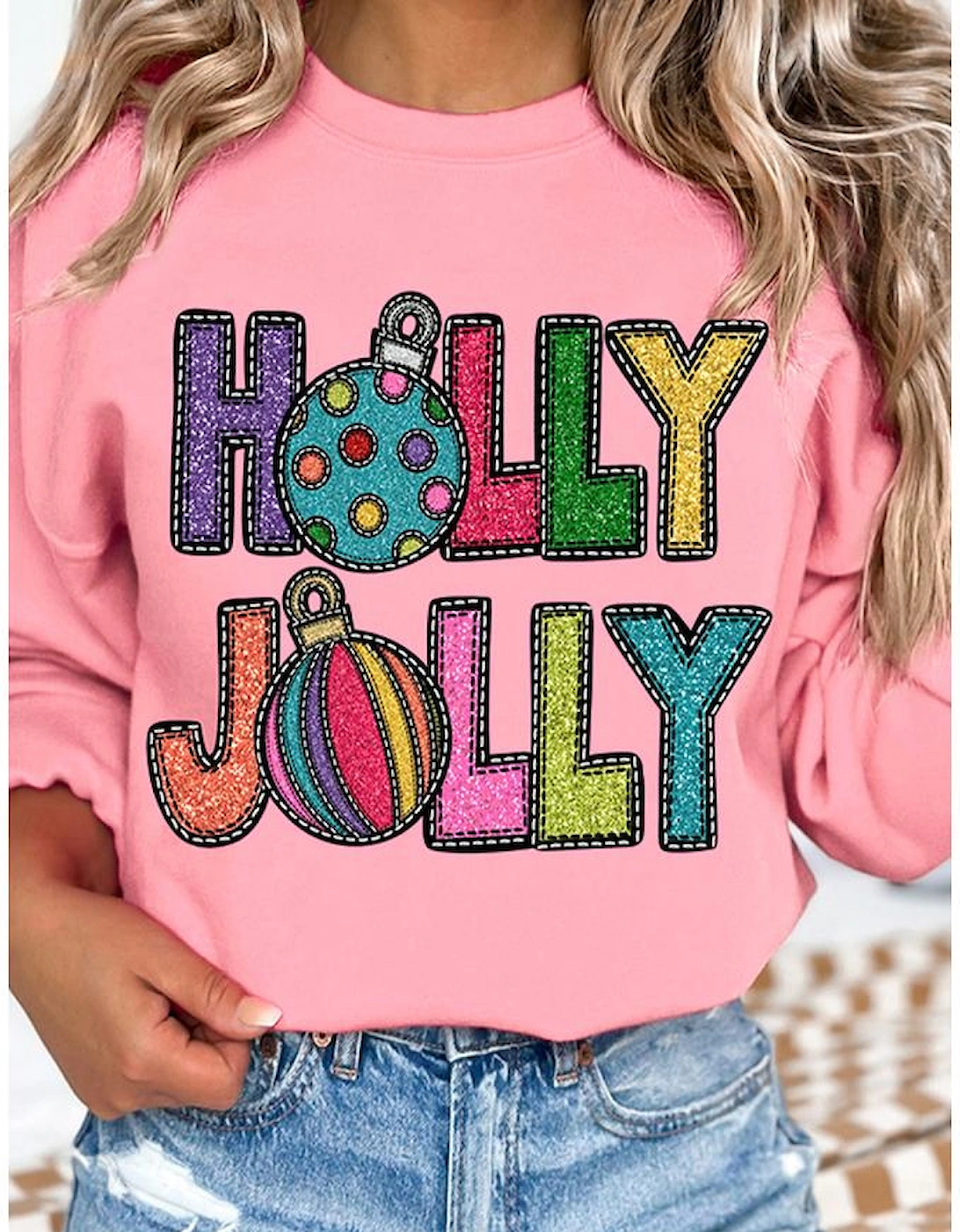 Pink HOLLY JOLLY Christmas Festive Letter Graphic Sweatshirt