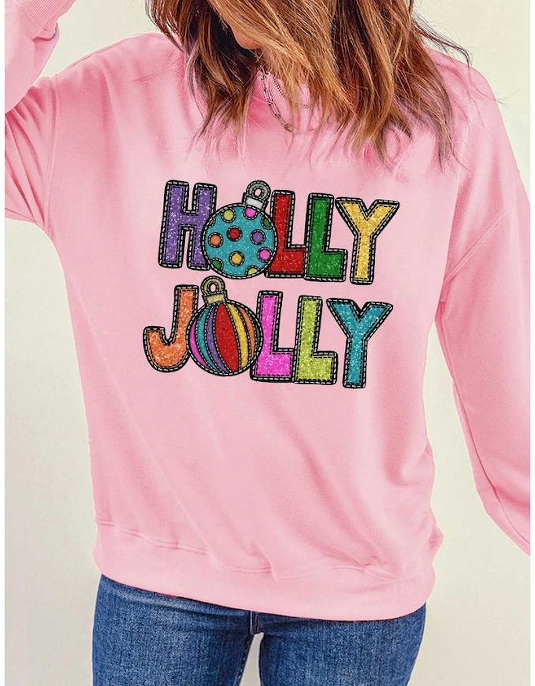 Pink HOLLY JOLLY Christmas Festive Letter Graphic Sweatshirt, 7 of 6