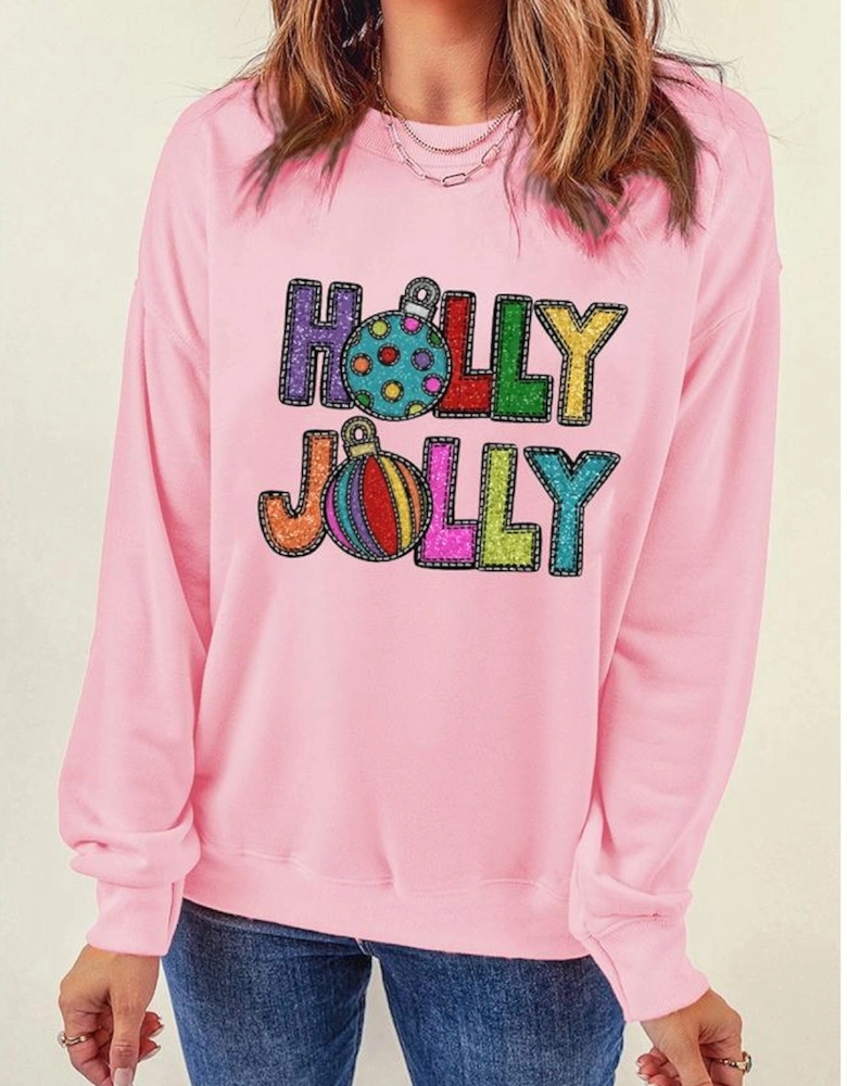 Pink HOLLY JOLLY Christmas Festive Letter Graphic Sweatshirt