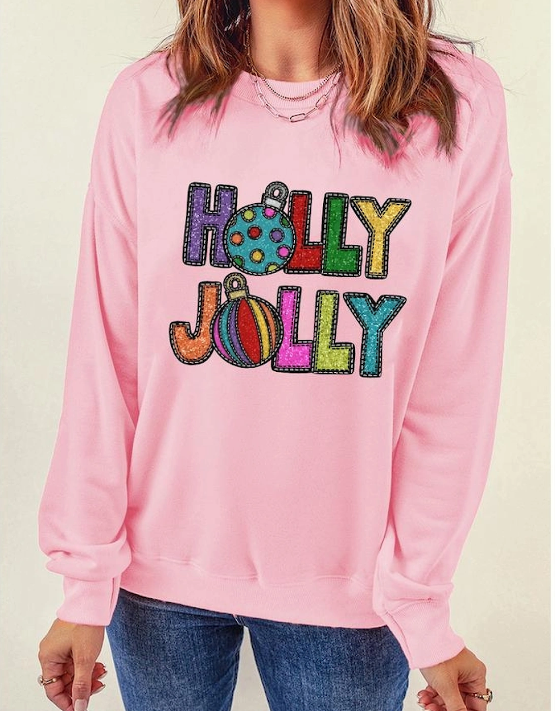 Pink HOLLY JOLLY Christmas Festive Letter Graphic Sweatshirt