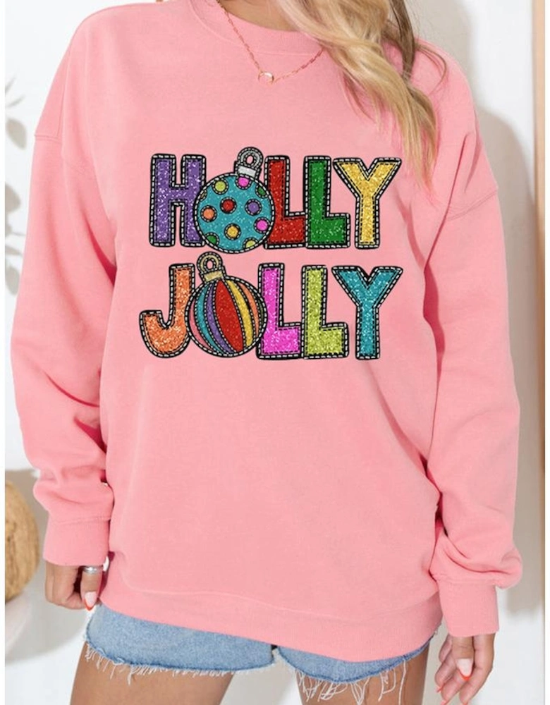 Pink HOLLY JOLLY Christmas Festive Letter Graphic Sweatshirt