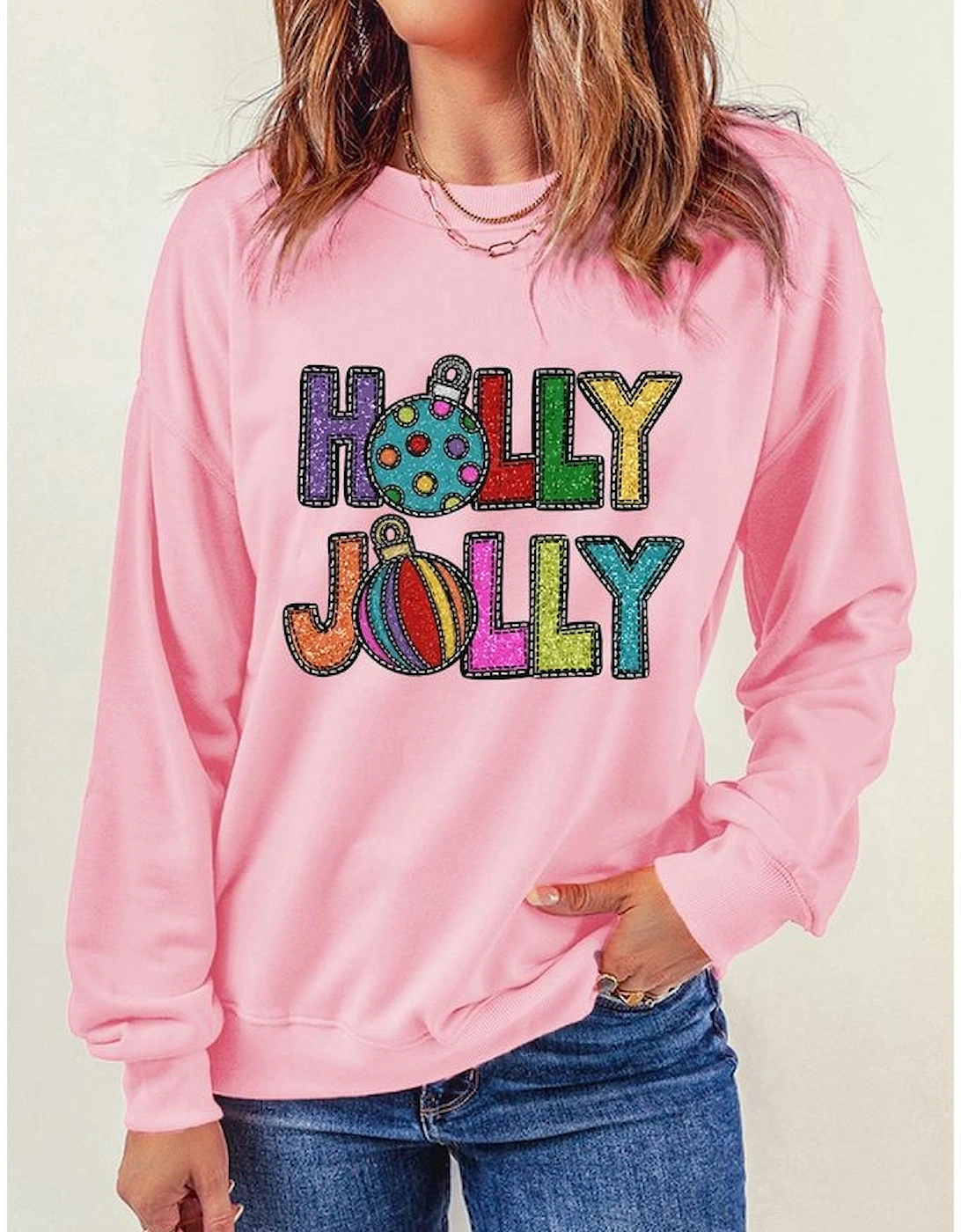 Pink HOLLY JOLLY Christmas Festive Letter Graphic Sweatshirt