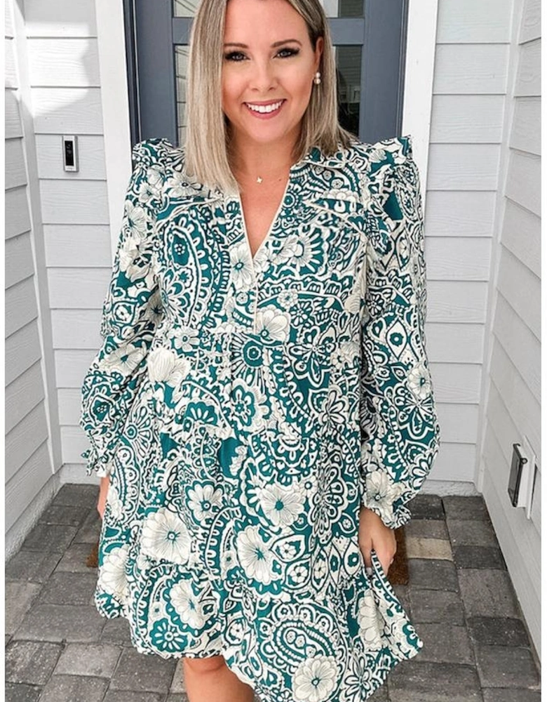 Green Floral Flounce Sleeve Split Neck Plus Size Dress