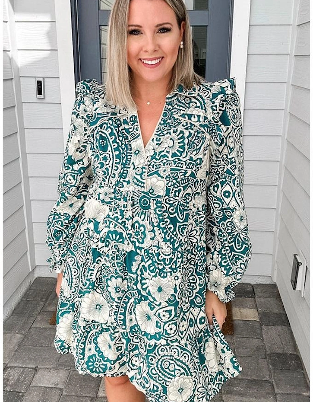 Green Floral Flounce Sleeve Split Neck Plus Size Dress