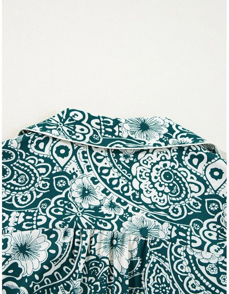 Green Floral Flounce Sleeve Split Neck Plus Size Dress