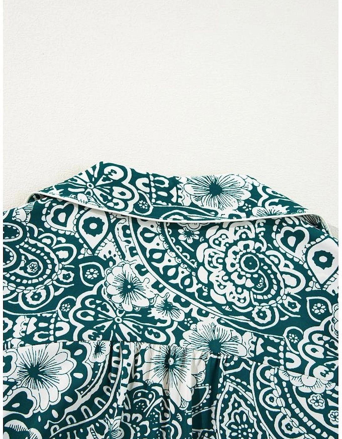 Green Floral Flounce Sleeve Split Neck Plus Size Dress