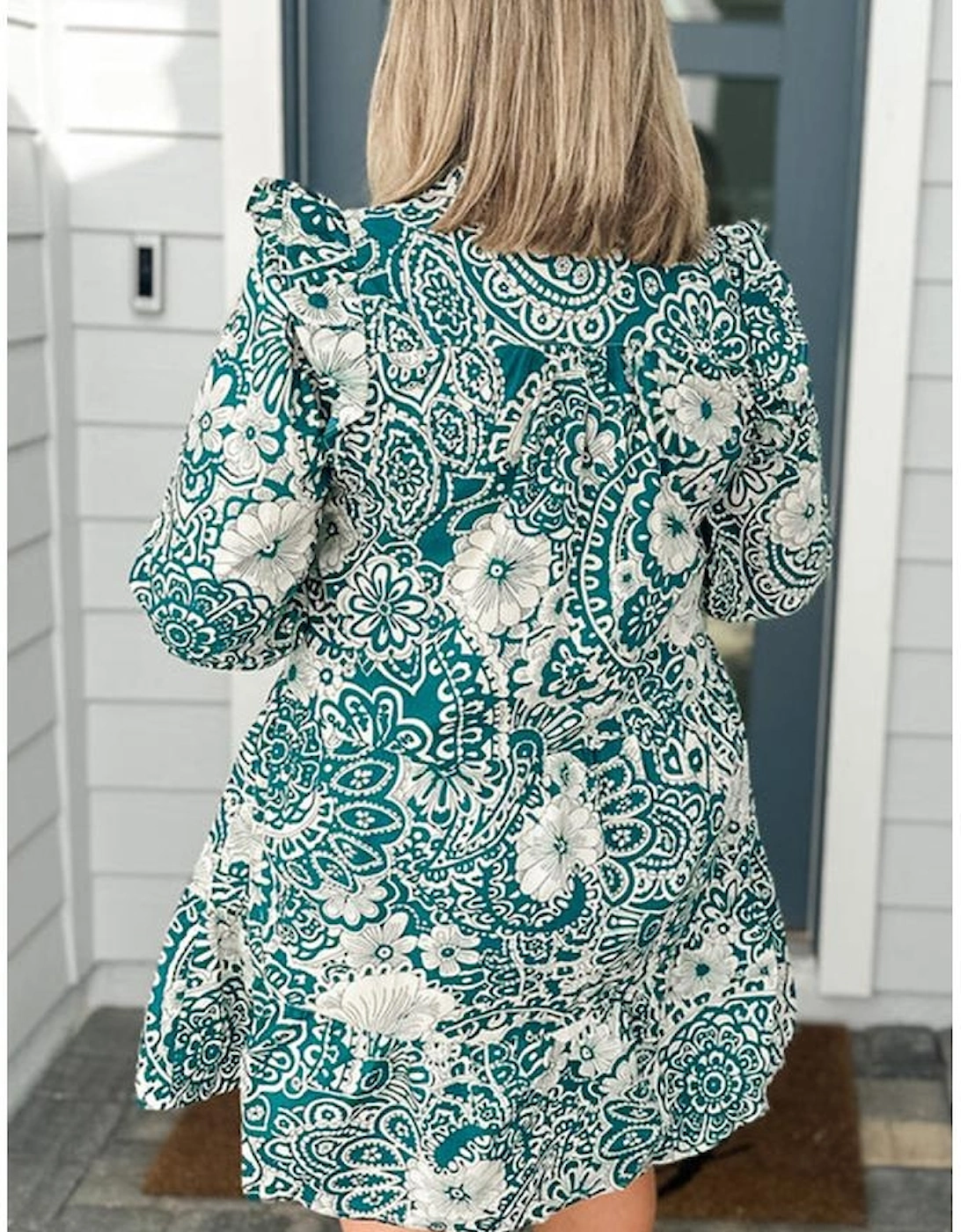 Green Floral Flounce Sleeve Split Neck Plus Size Dress, 14 of 13