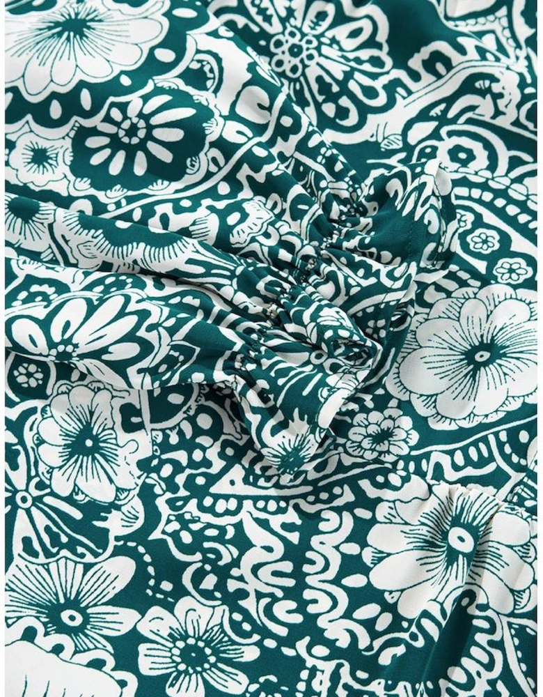 Green Floral Flounce Sleeve Split Neck Plus Size Dress