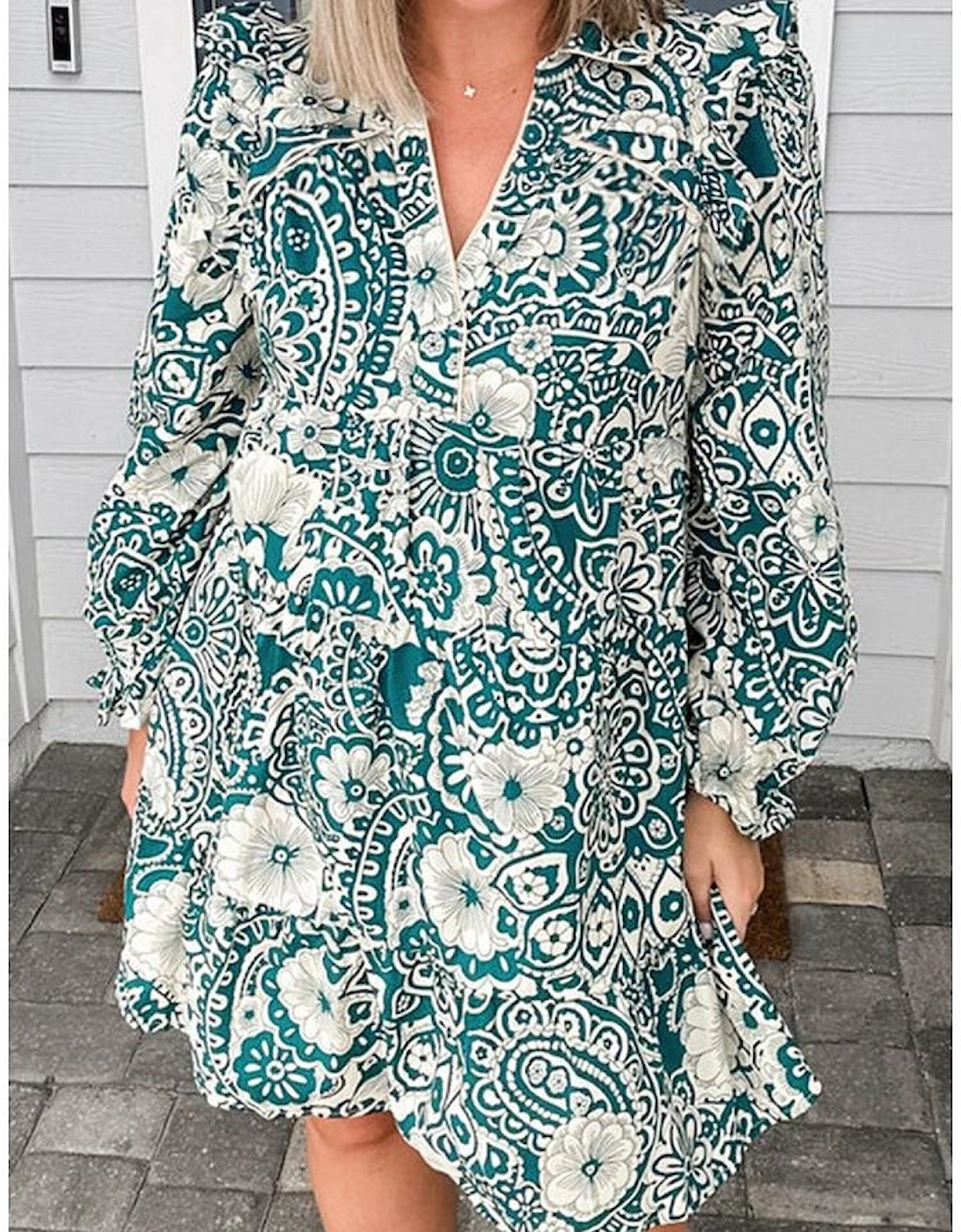 Green Floral Flounce Sleeve Split Neck Plus Size Dress