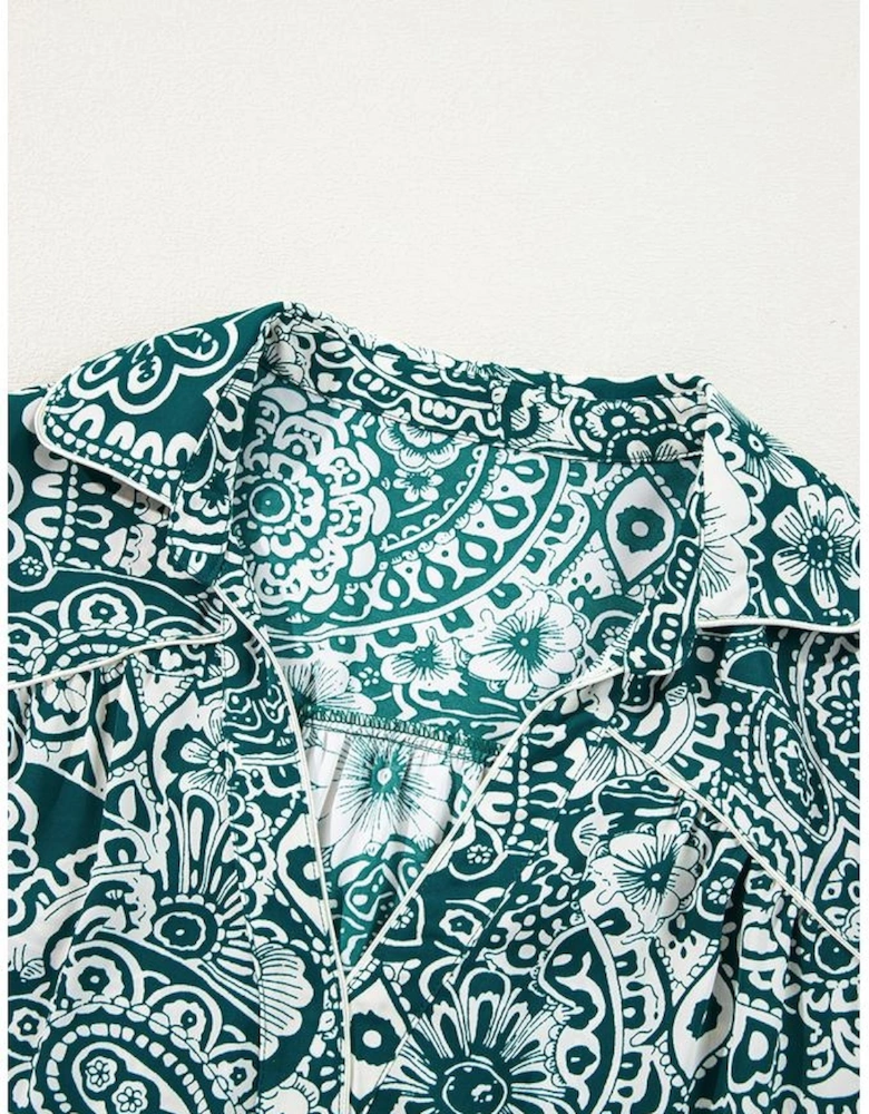 Green Floral Flounce Sleeve Split Neck Plus Size Dress