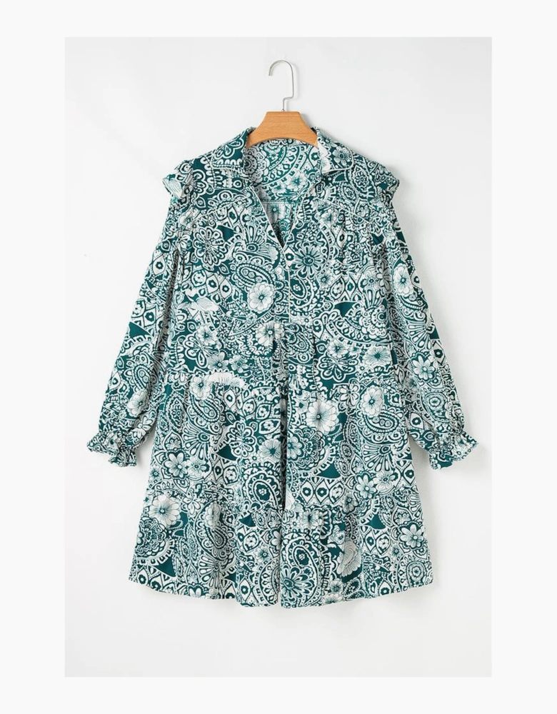 Green Floral Flounce Sleeve Split Neck Plus Size Dress