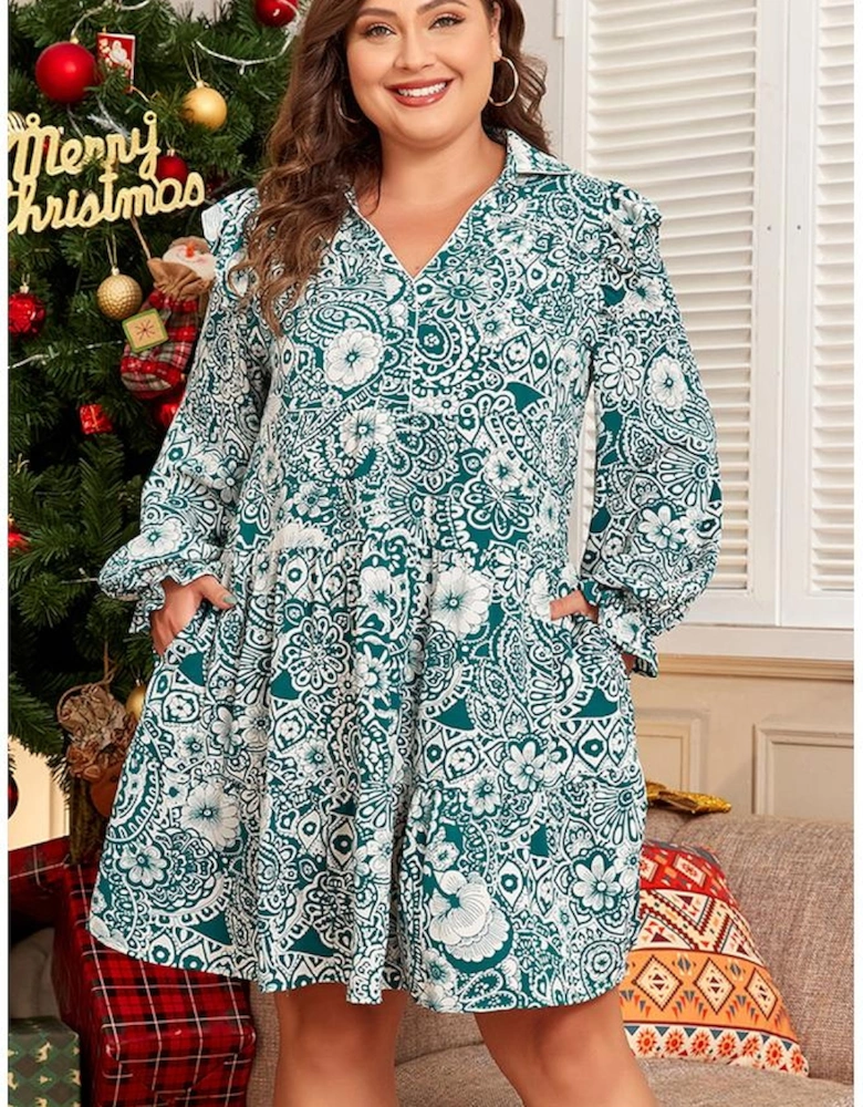 Green Floral Flounce Sleeve Split Neck Plus Size Dress