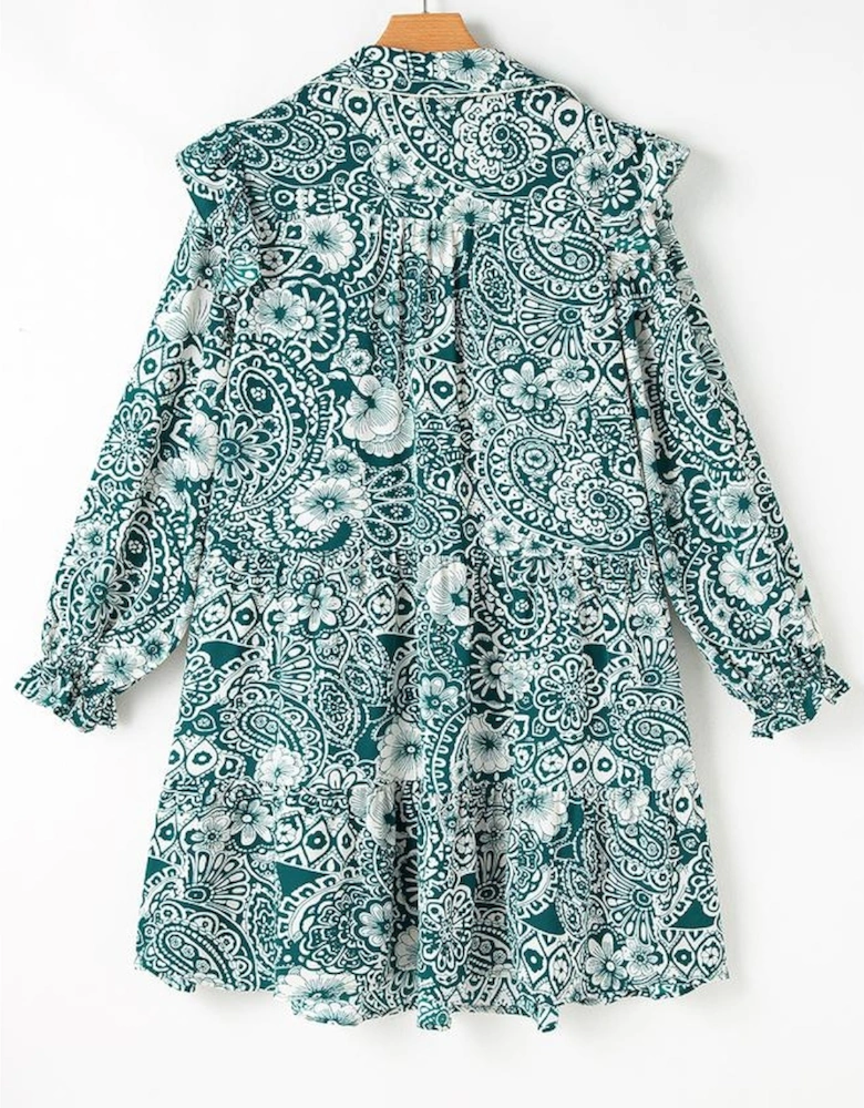 Green Floral Flounce Sleeve Split Neck Plus Size Dress