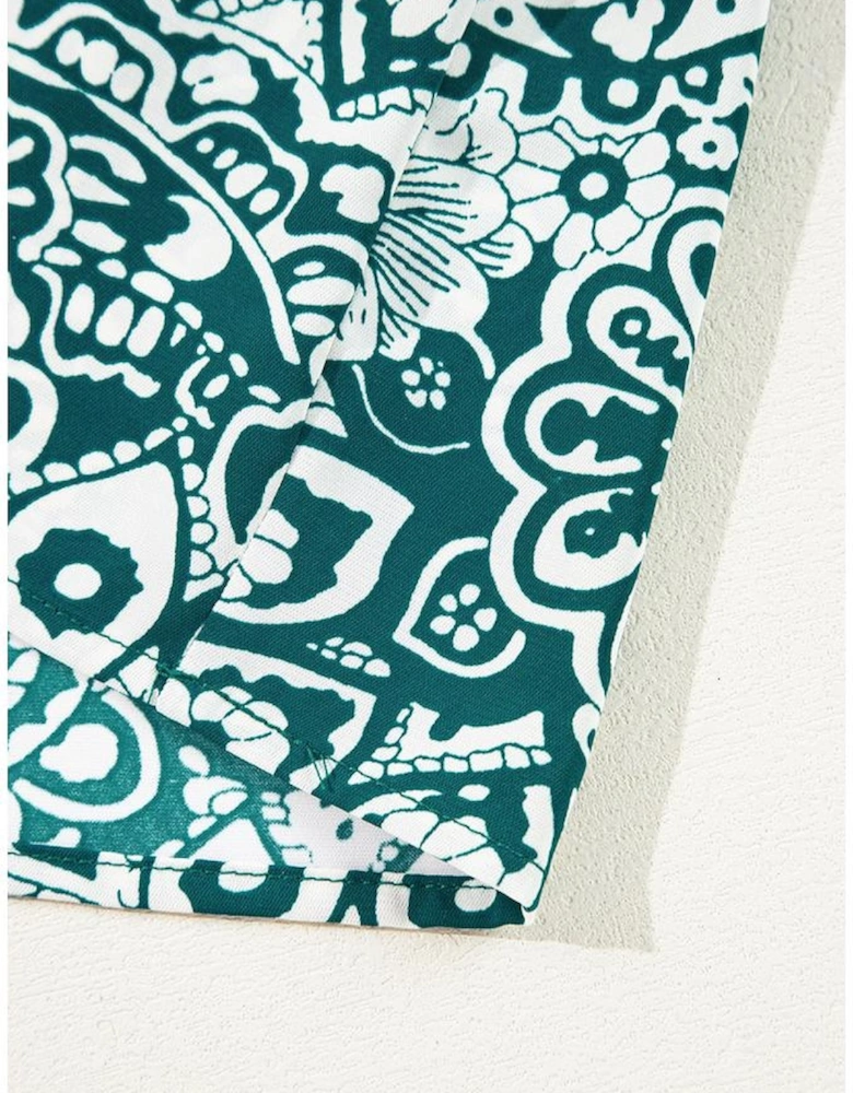 Green Floral Flounce Sleeve Split Neck Plus Size Dress