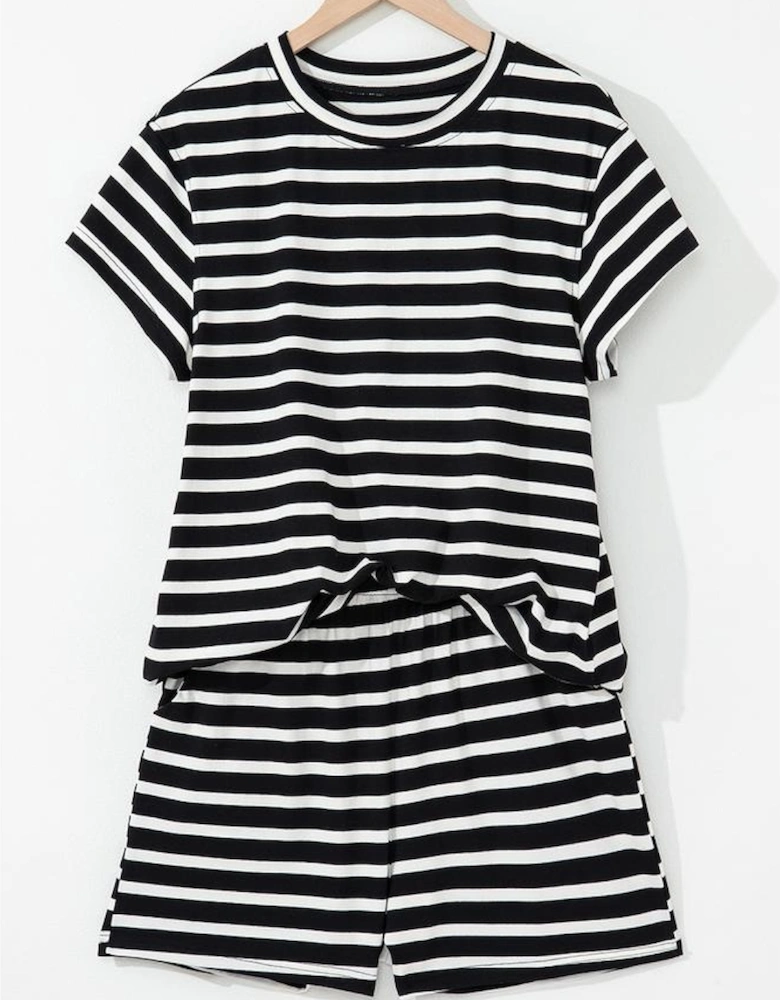 Black White Striped Short Sleeve Top and Shorts Set